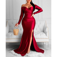 Off Shoulder Ruched Slit Evening Dress - Wine red