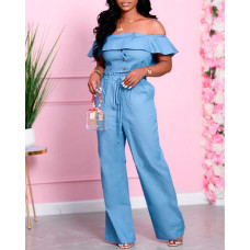 Off Shoulder Ruffle Hem Crop Top & Jeans Set - Lighted Blue