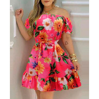 Off Shoulder Ruffle Hem Floral Print Dress With Belt - pink