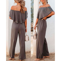 Off Shoulder Ruffle Hem Jumpsuit - gray