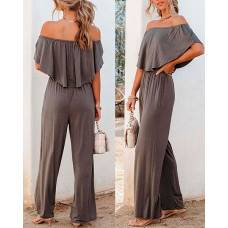 Off Shoulder Ruffle Hem Jumpsuit - gray