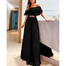 Off Shoulder Ruffle Hem Wide Leg Jumpsuit - black