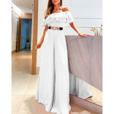 Off Shoulder Ruffle Hem Wide Leg Jumpsuit - white