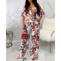 Off Shoulder Ruffles Crop Top & Pants Sets - white