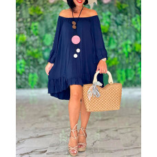 Off Shoulder Ruffles Long Sleeve Casual Dress - purplish blue