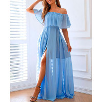 Off Shoulder Ruffles Slit Maxi Dress - blue