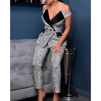 Off Shoulder Sequin Blazer & Pant Sets - gray