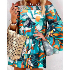 Off Shoulder Shirred Bell Sleeve Tropical Print Dress - Multicolor