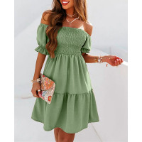 Off Shoulder Shirred Flowy Swing Dress - green