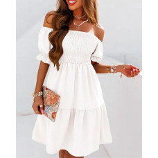 Off Shoulder Shirred Flowy Swing Dress - white