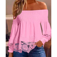 Off Shoulder Shirred Lace Patch Top - pink