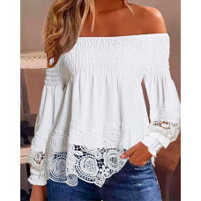 Off Shoulder Shirred Lace Patch Top - white