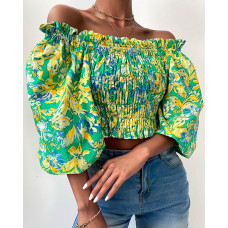 Off Shoulder Shirred Lantern Sleeve Floral Print Crop Top - green