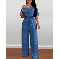 Off Shoulder Shirred Waist Jumpsuit - blue