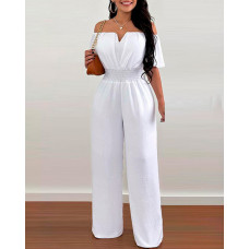 Off Shoulder Shirred Waist Jumpsuit - white