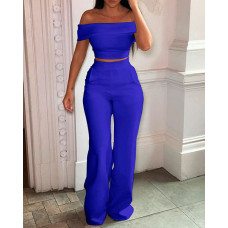 Off Shoulder Short Sleeve Crop Top & High Waist Pants Set - blue