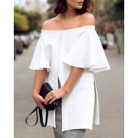 Off Shoulder Slit Bell Sleeve Top - white