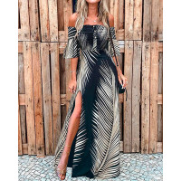 Off Shoulder Smoked Cutout Leaf Print Slit Dress - black