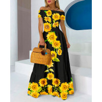 Off Shoulder Sunflower Print Shirred Maxi Dress - black