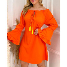 Off Shoulder Tassel Design Bell Sleeve Dress - orange