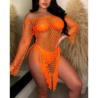 Off Shoulder Tassel Design Crochet Cover Up Dress - orange