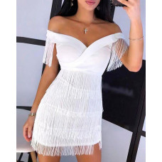 Off Shoulder Tassel Design Party Dress - white