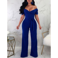 Off Shoulder Tie Waist Wide Leg Jumpsuit - dark blue