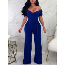 Off Shoulder Tie Waist Wide Leg Jumpsuit - dark blue