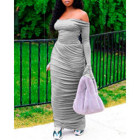 Off Shoulder Tied Detail Backless Ruched Maxi Dress - gray