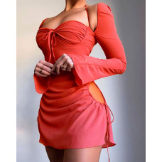 Off Shoulder Tied Detail Cutout Bodycon Dress - red