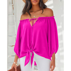 Off Shoulder Tied Detail Lantern Sleeve Top - hot pink