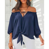 Off Shoulder Tied Detail Lantern Sleeve Top - purplish blue