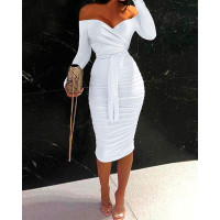 Off Shoulder Tied Detail Ruched Bodycon Dress - white