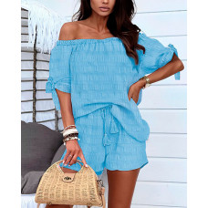 Off Shoulder Tied Detail Textured Top & Shorts Set - blue