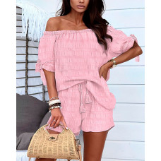 Off Shoulder Tied Detail Textured Top & Shorts Set - pink