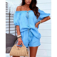 Off Shoulder Top & Frill Hem Shorts Set - blue