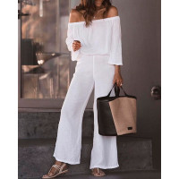 Off Shoulder Top & Wide Leg Pants Set - white