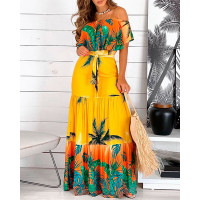 Off Shoulder Tropical Print Ruffles Maxi Dress With Belt - orange