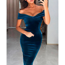 Off Shoulder Velvet Party Dress - blue