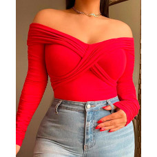 Off Shoulder Wrap Long Sleeve Plain T-shirt - red