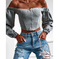 Off Shoulder Zipper Front Corset Crop Top - gray