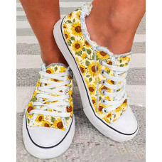 Oil Painting Sunflower Print Raw Hem Lace-up Sneakers - yellow