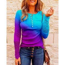 Ombre Button Front Contrast Lace Long Sleeve Top - Multicolor