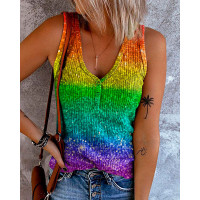 Ombre Buttoned V-Neck Casual Tank Top - Multicolor