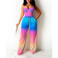 Ombre Cami Top & Wide Legs Contrast Pipping Pants Set - Multicolor