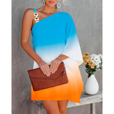 Ombre Chain Decor Asymmetrical Neck Casual Dress - Multicolor