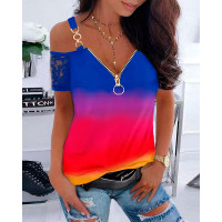 Ombre Chain Decor Contrast Lace Cold Shoulder Top - Multicolor