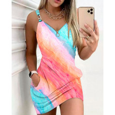 Ombre Chain Decor Pocket Design Casual Dress - Multicolor