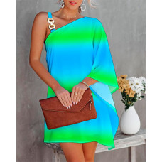 Ombre Chain Strap Asymmetrical Neck Casual Dress - Multicolor