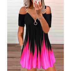 Ombre Chain Strap Cold Shoulder Casual Dress - hot pink